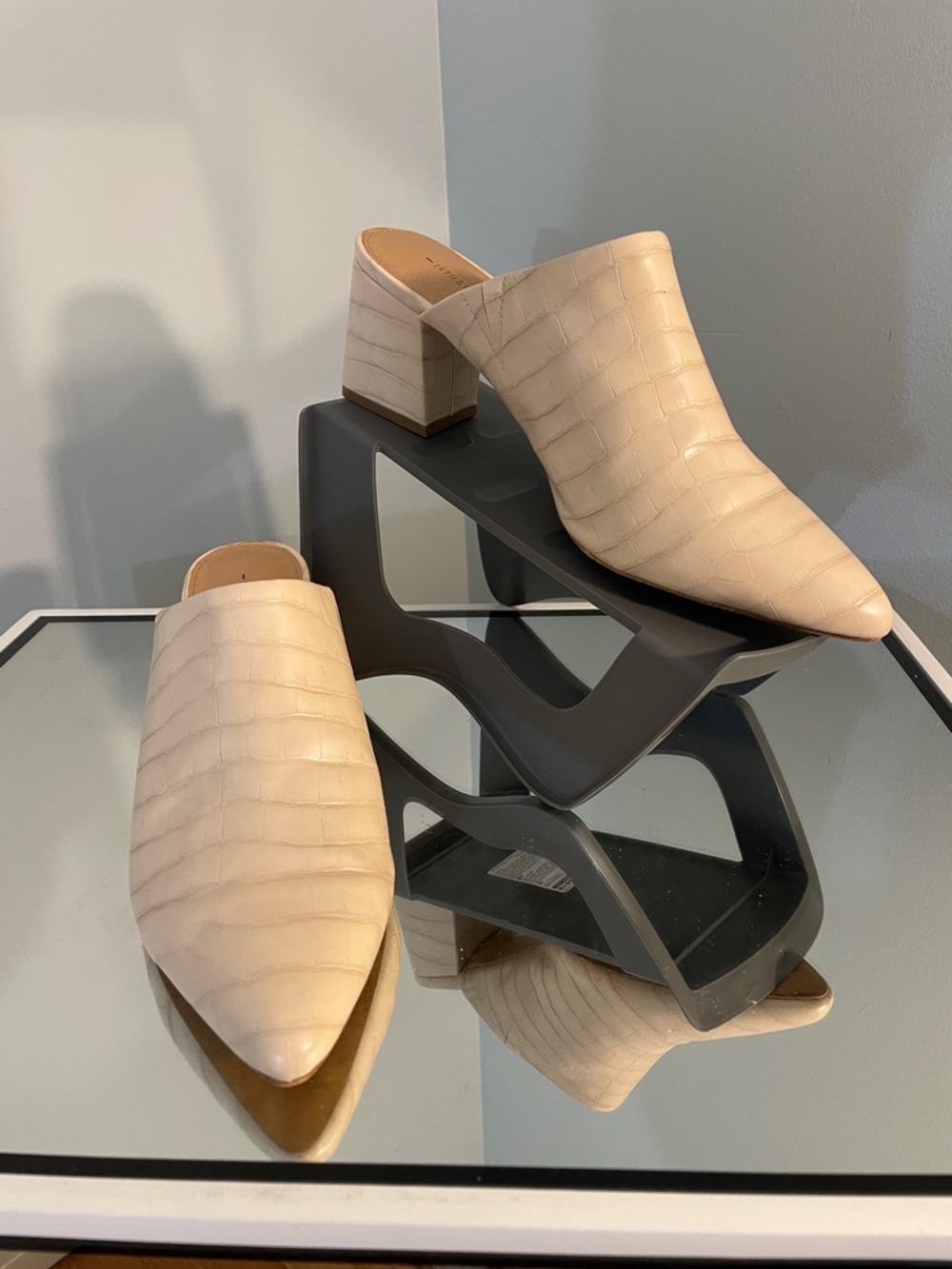 14th & Union Cream Croc-Embossed Pointed Toe Block Heel Mule